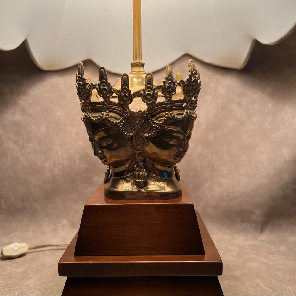 Vintage Table Lamp with Crowned Asian Faces in Brass on Wood Base